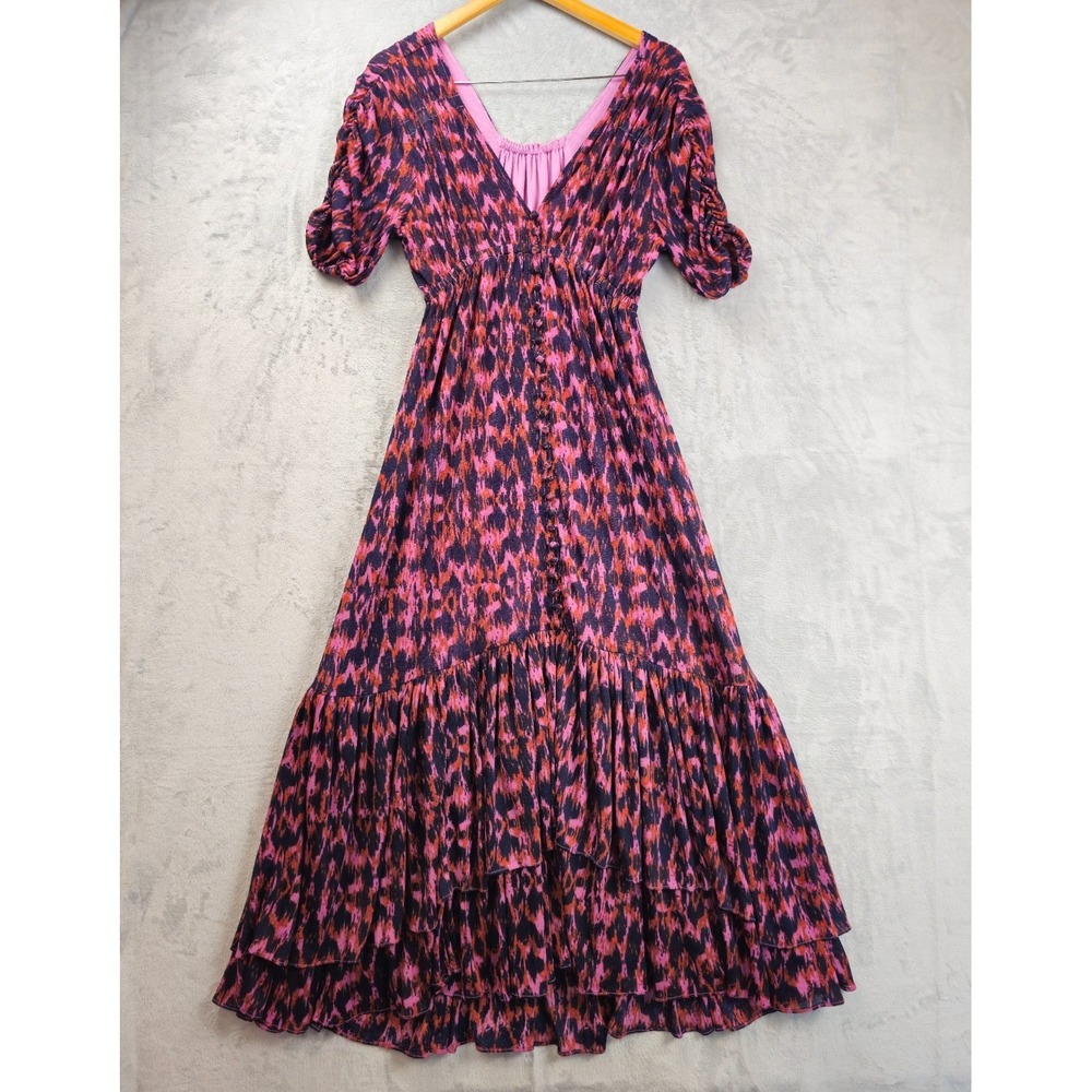 Anthropologie Women's Purple Printed Ruched-Sleeve Mesh Lined Maxi Dress Small - Picture 2 of 6